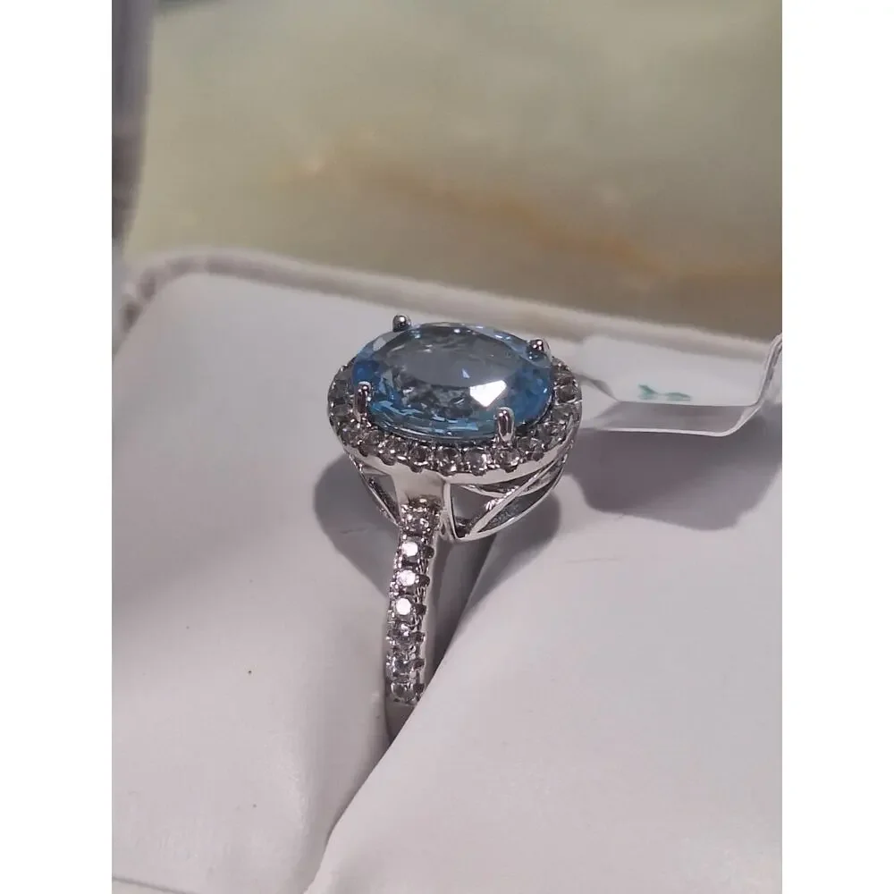 925 Sterling Silver Blue 2.60ct Topaz Halo Ring Oval Light Blue Size 6.5 NIB